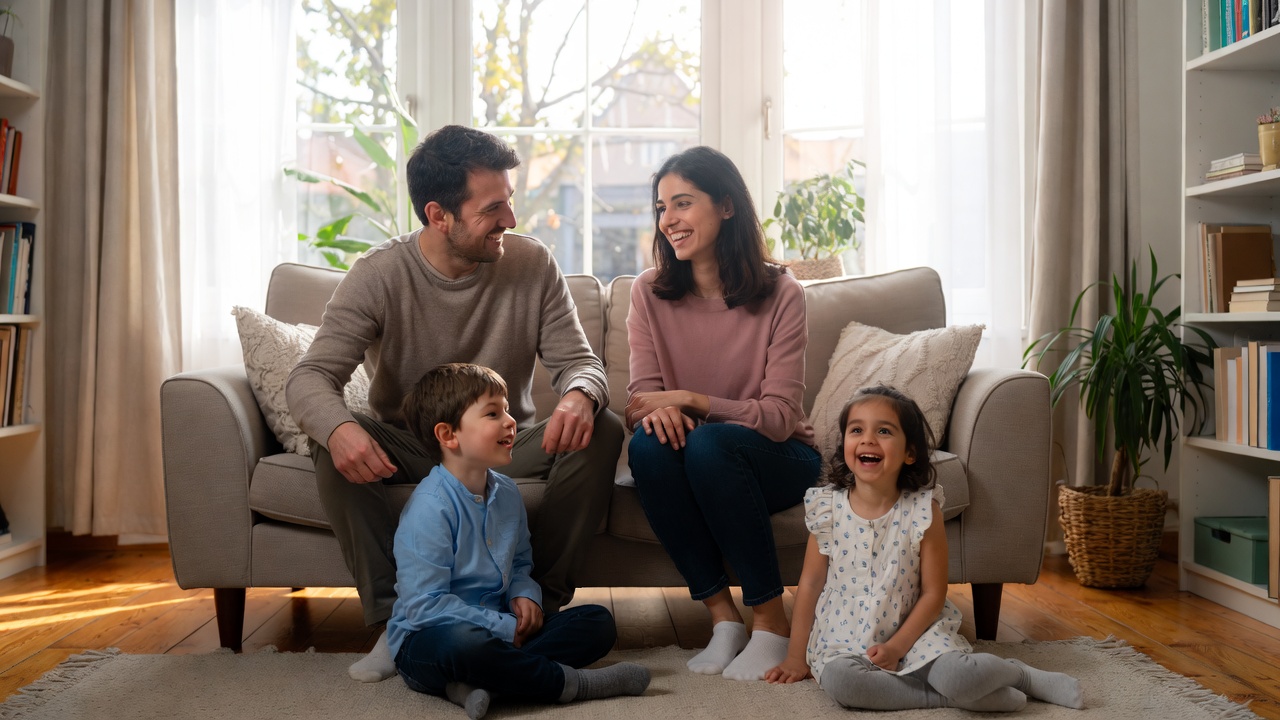 Happy family in their warm, energy-efficient home